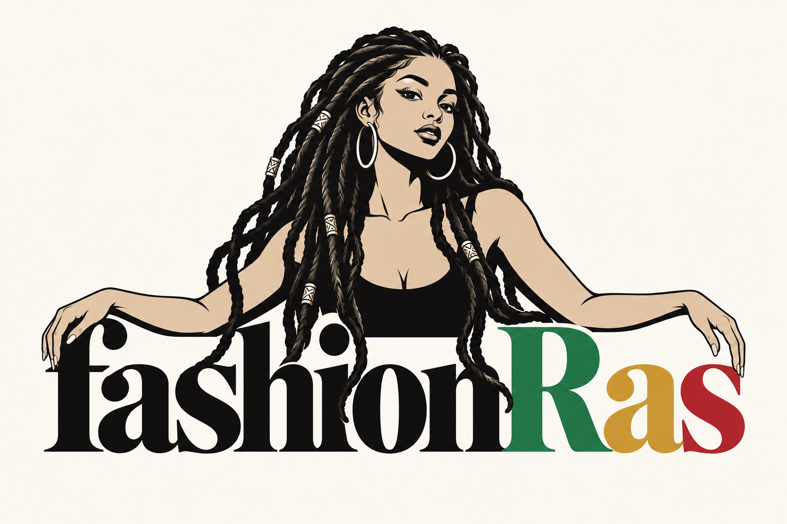 The FashionRas queen with outstretched arms and long locs interwoven through the brand name