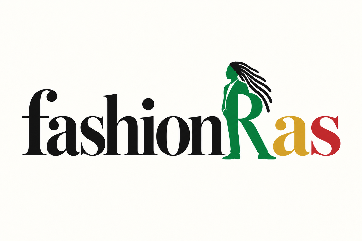 fashionRas logo: a green capital R shaped as a standing man with black locs, followed by a gold a and red s