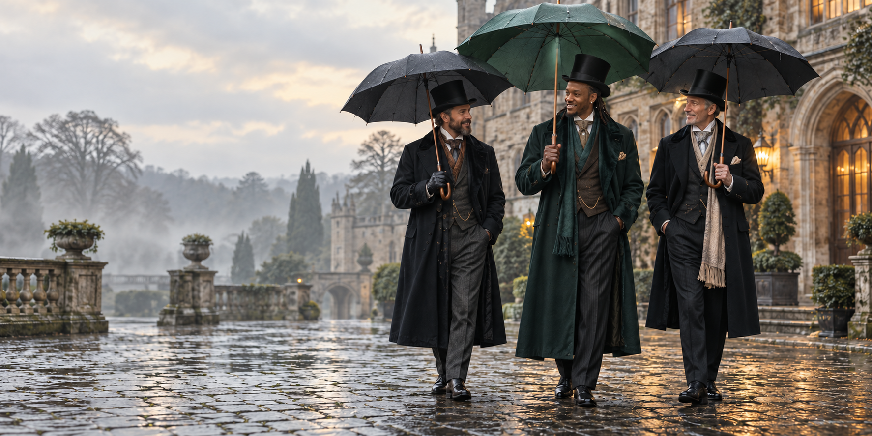 Three gentlemen in suits and top hats beneath umbrellas, the central gentleman smiling with locs over his shoulders