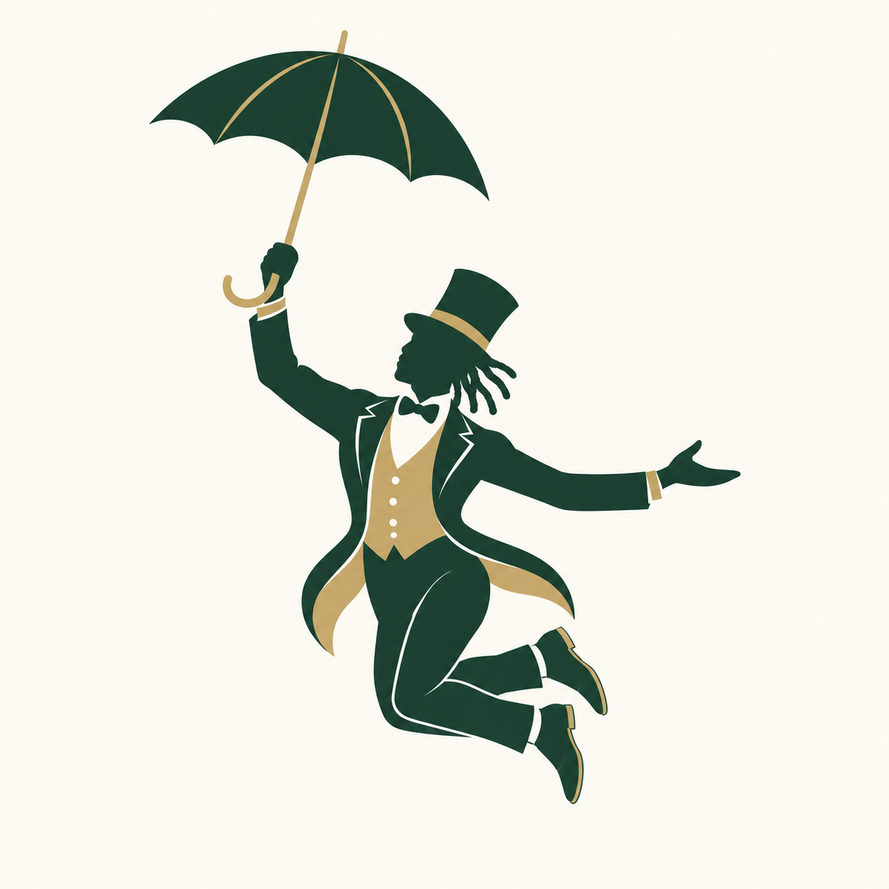 Humblerella’s gentleman with locs, a tall top hat and two dress shoes, leaping beneath his umbrella